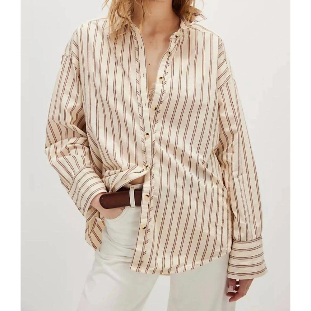 Free People women's Striped Button-Up Oversized XS "Varsity Vibes" Ivory Combo